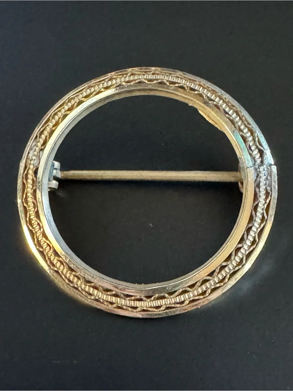 Vintage LANG 1/20 12K Gold Filled Circle Wreath Brooch - Textured Openwork